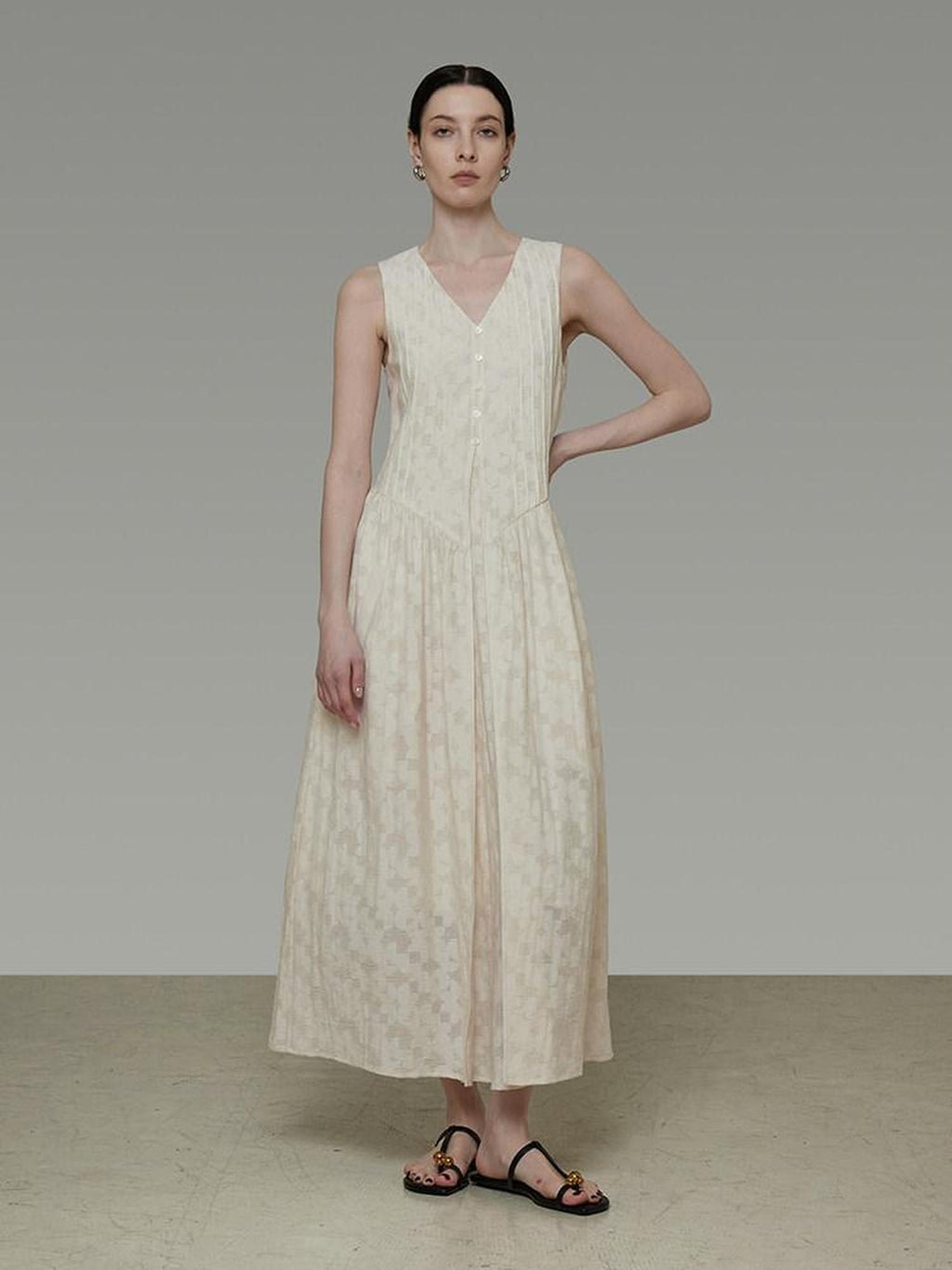 unspoken Elegant Jacquard V-neck High Waist A Line Sleeveless Work Off White Maxi Dresses