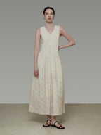 unspoken Elegant Jacquard V-neck High Waist A Line Sleeveless Work Off White Maxi Dresses