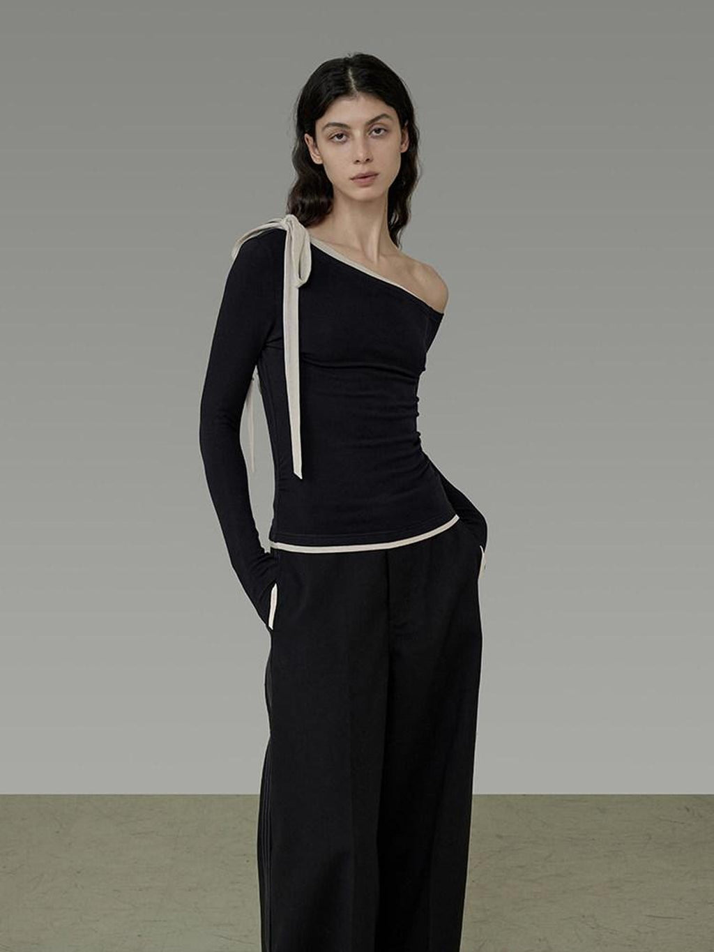 unspoken Tie Detail Slim Knit Pullover Asymmetrical Collar Office Viscose Blouses