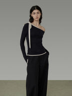 unspoken Tie Detail Slim Knit Pullover Asymmetrical Collar Office Viscose Blouses