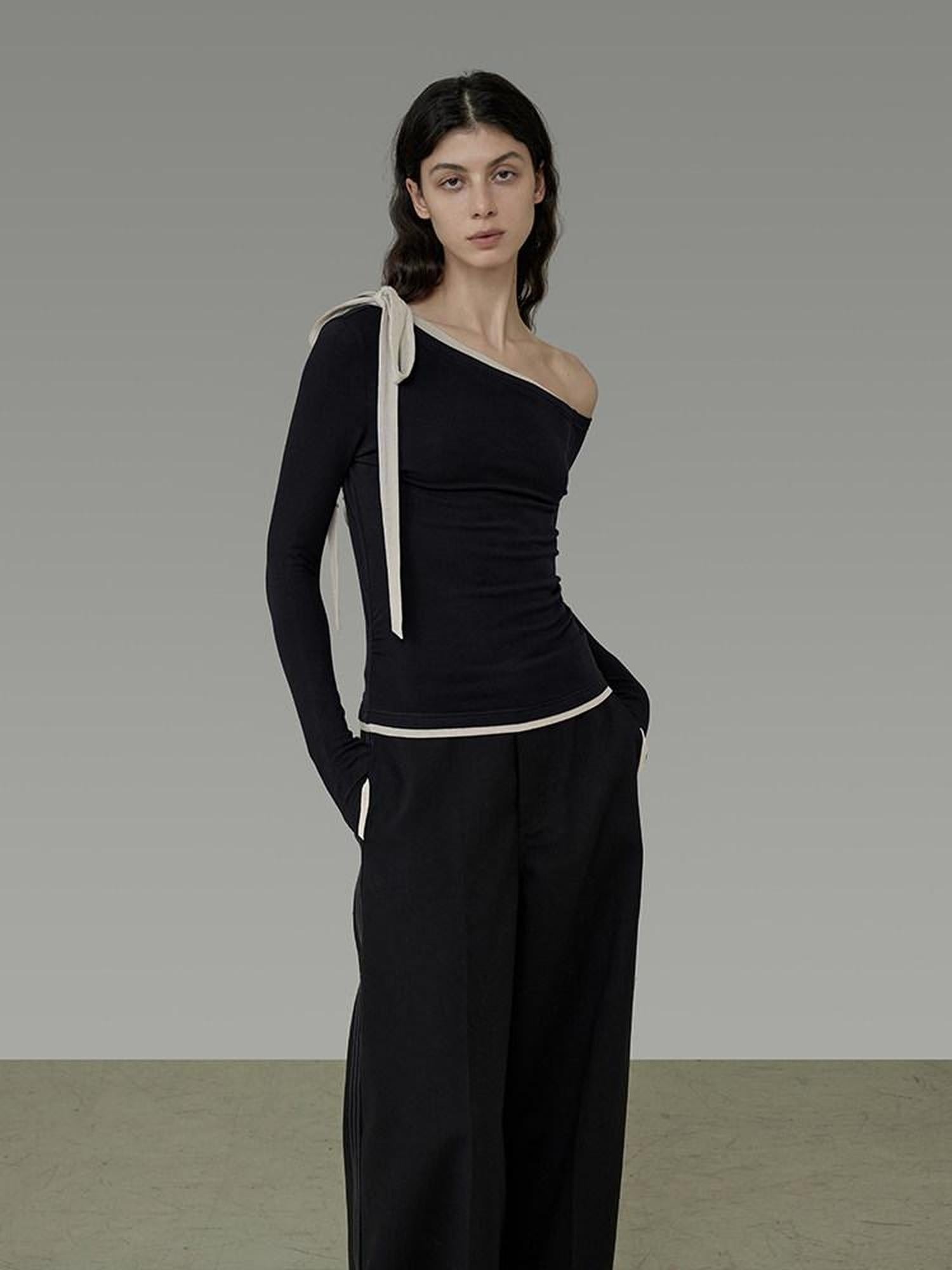 unspoken Tie Detail Slim Knit Pullover Asymmetrical Collar Office Viscose Blouses