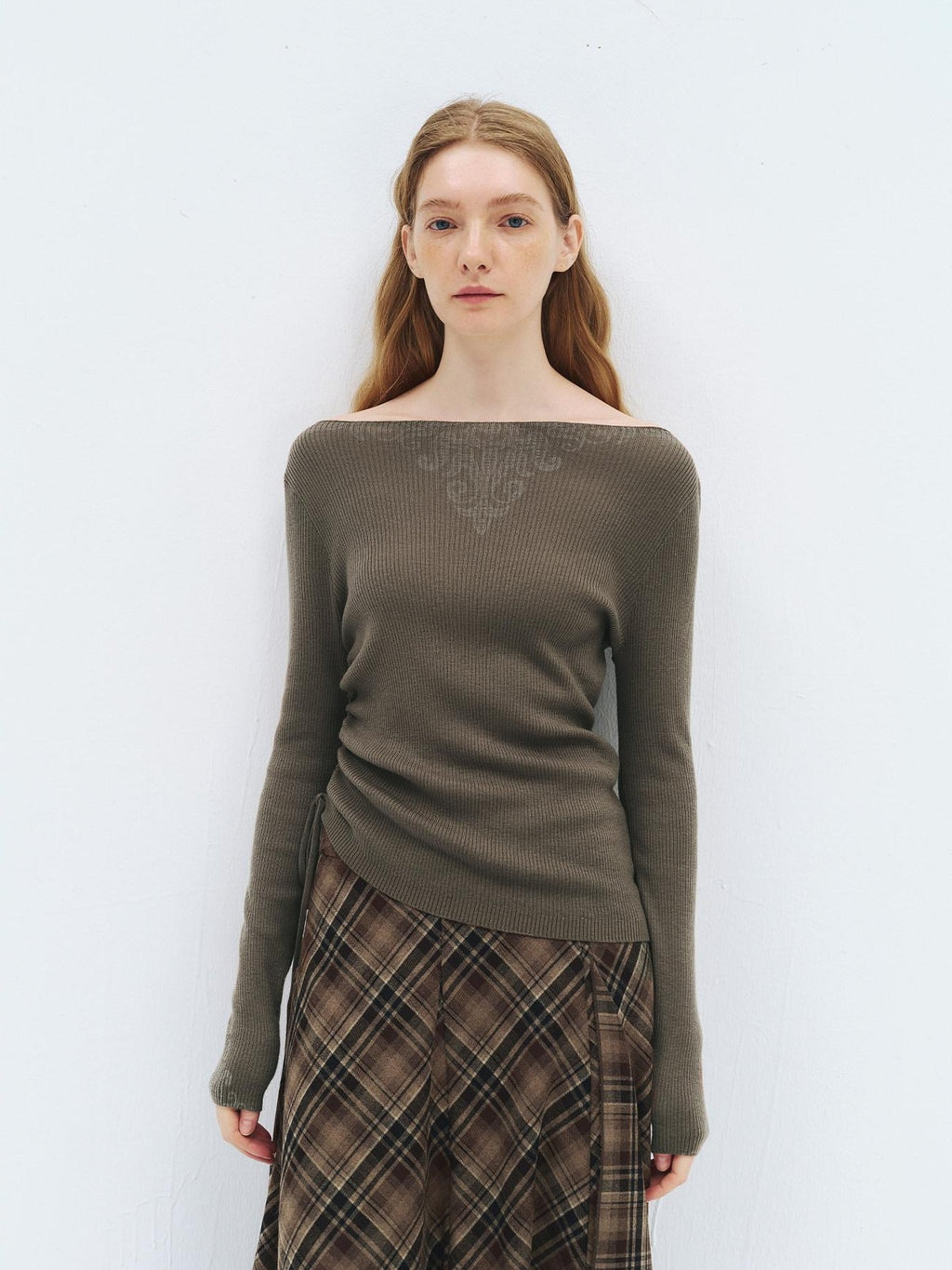 someonesometimes Soft Acrylic Wool Nylon Blend Slim Fit Printed Boat Neck Women Mud Green Sweater