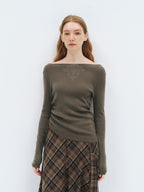 someonesometimes Soft Acrylic Wool Nylon Blend Slim Fit Printed Boat Neck Women Mud Green Sweater