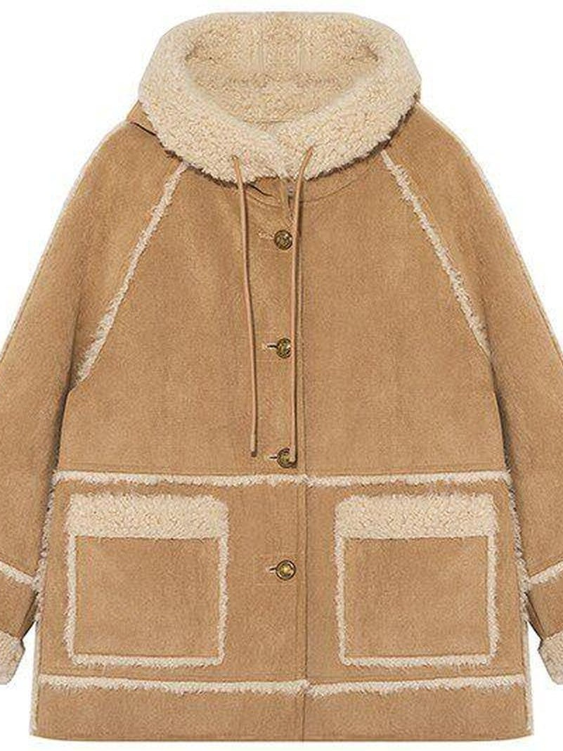 fano Warm Wool Blend Hooded Loose Patchwork Womens Commuter Long Coats
