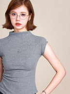 ikyou 3D Embellished Slim Fit Mock Neck Commuter Cotton Short Sleeve T-Shirts