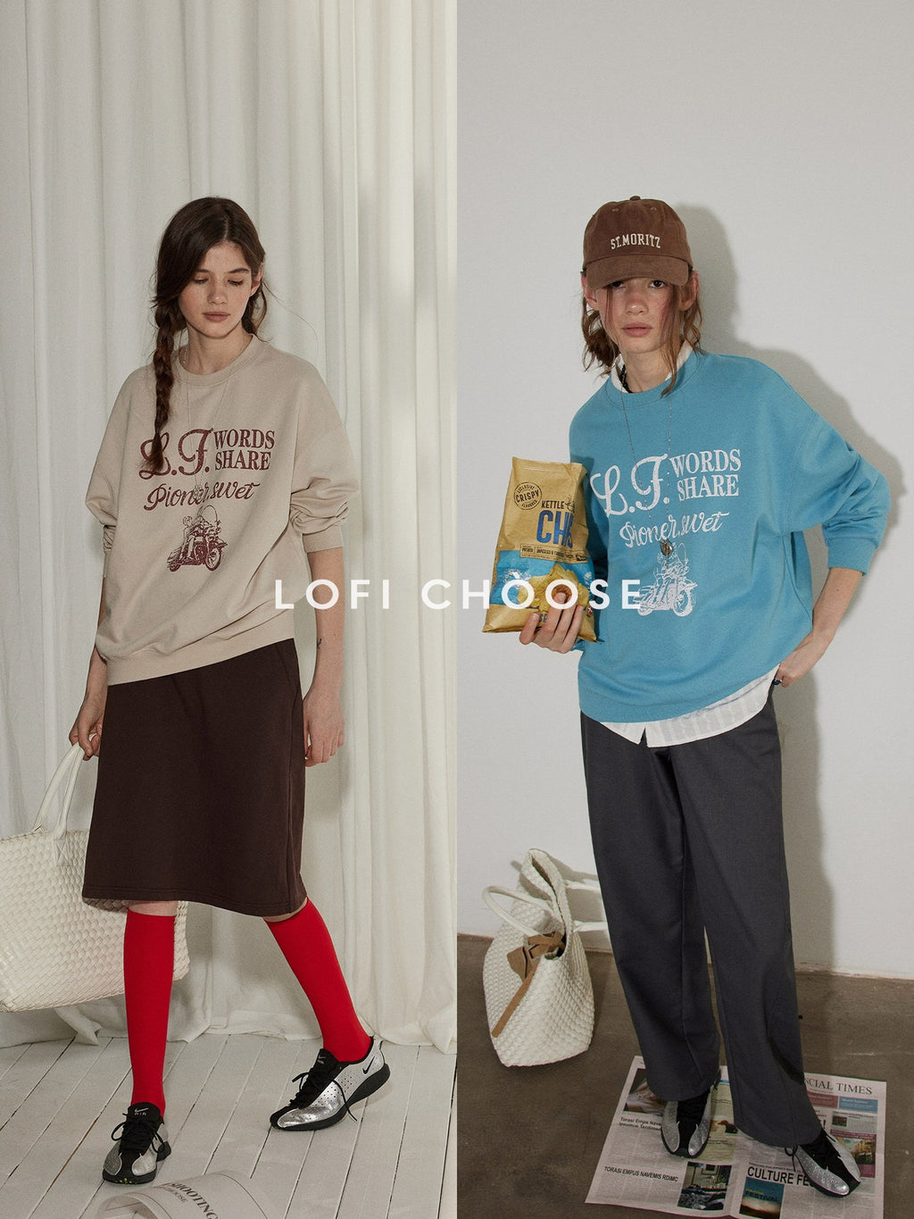 Lofi choose Cozy Oversized Crewneck Long Sleeve Commuter Blue Khaki Sweatshirt