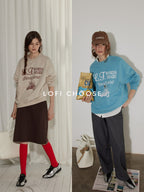 Lofi choose Cozy Oversized Crewneck Long Sleeve Commuter Blue Khaki Sweatshirt