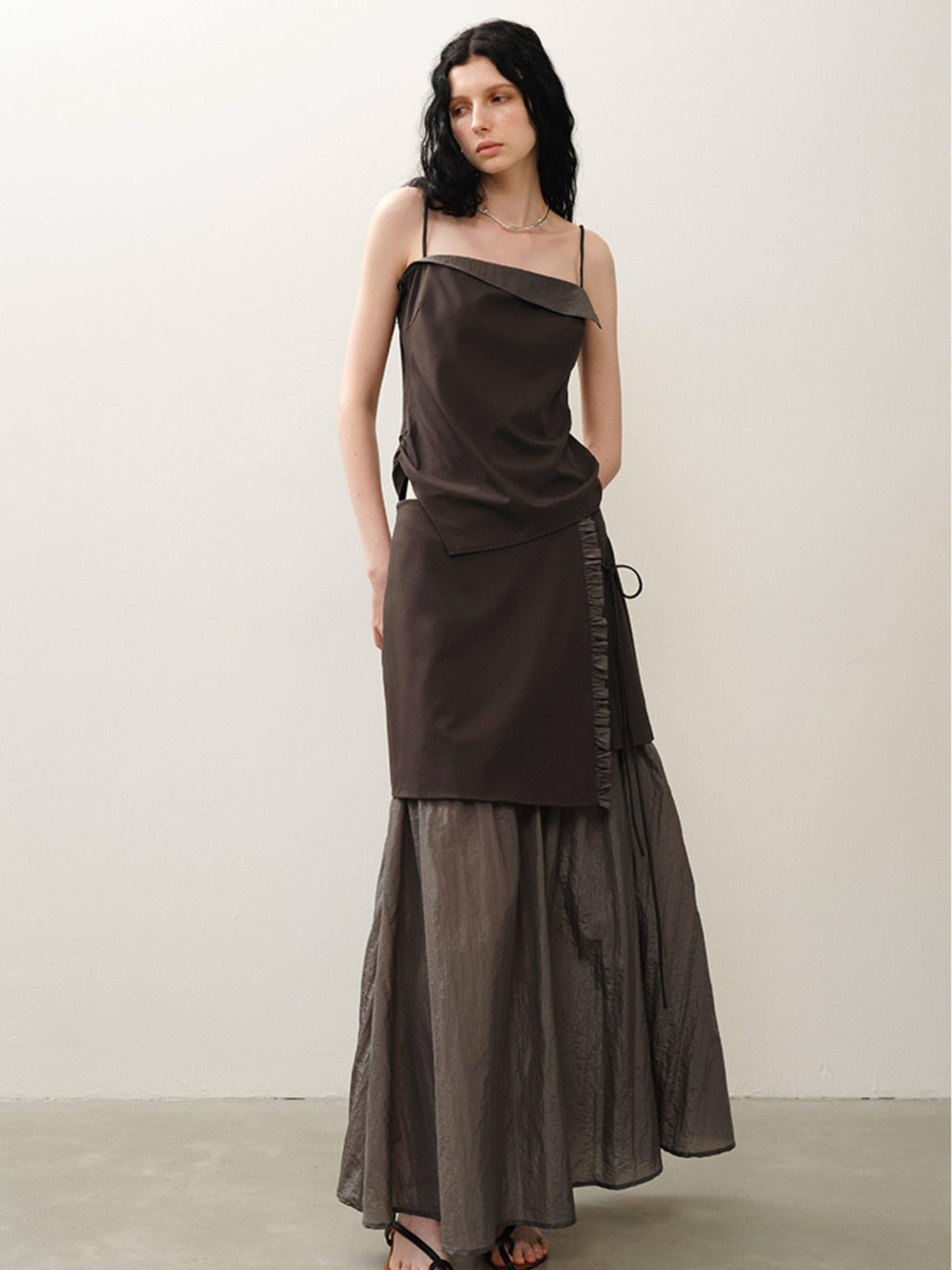 someonesometimes Original Coffee Viscose Blend Loose Camisole Midi Skirt Women Top & Skirt Sets
