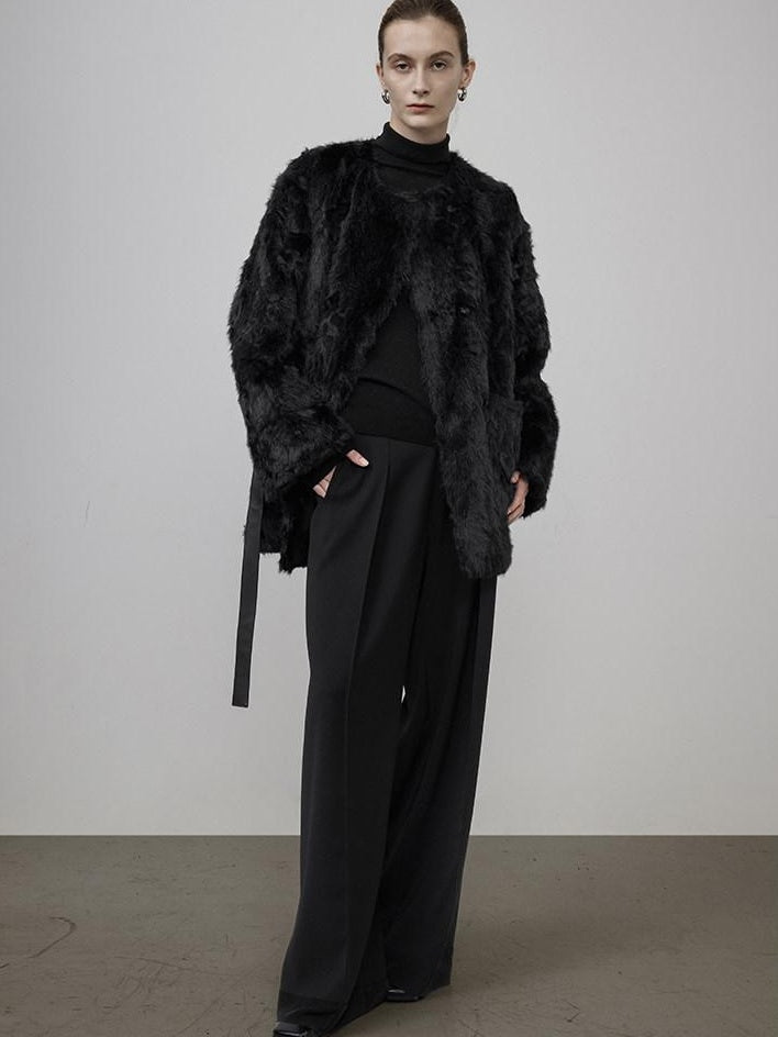 unspoken Faux Fur Lined Minimal Oversized Womens Black Round Neck Long Sleeve Short Coat
