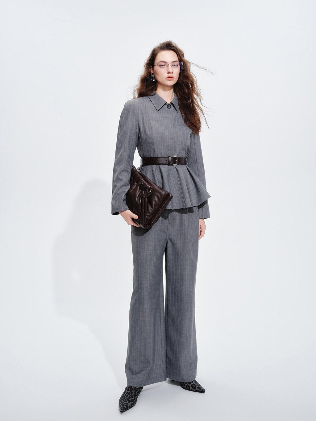 audreyyang Shape Retaining Cinched Waist Herringbone Lapel Women Wool Blend Cropped Jackets