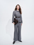 audreyyang Shape Retaining Cinched Waist Herringbone Lapel Women Wool Blend Cropped Jackets