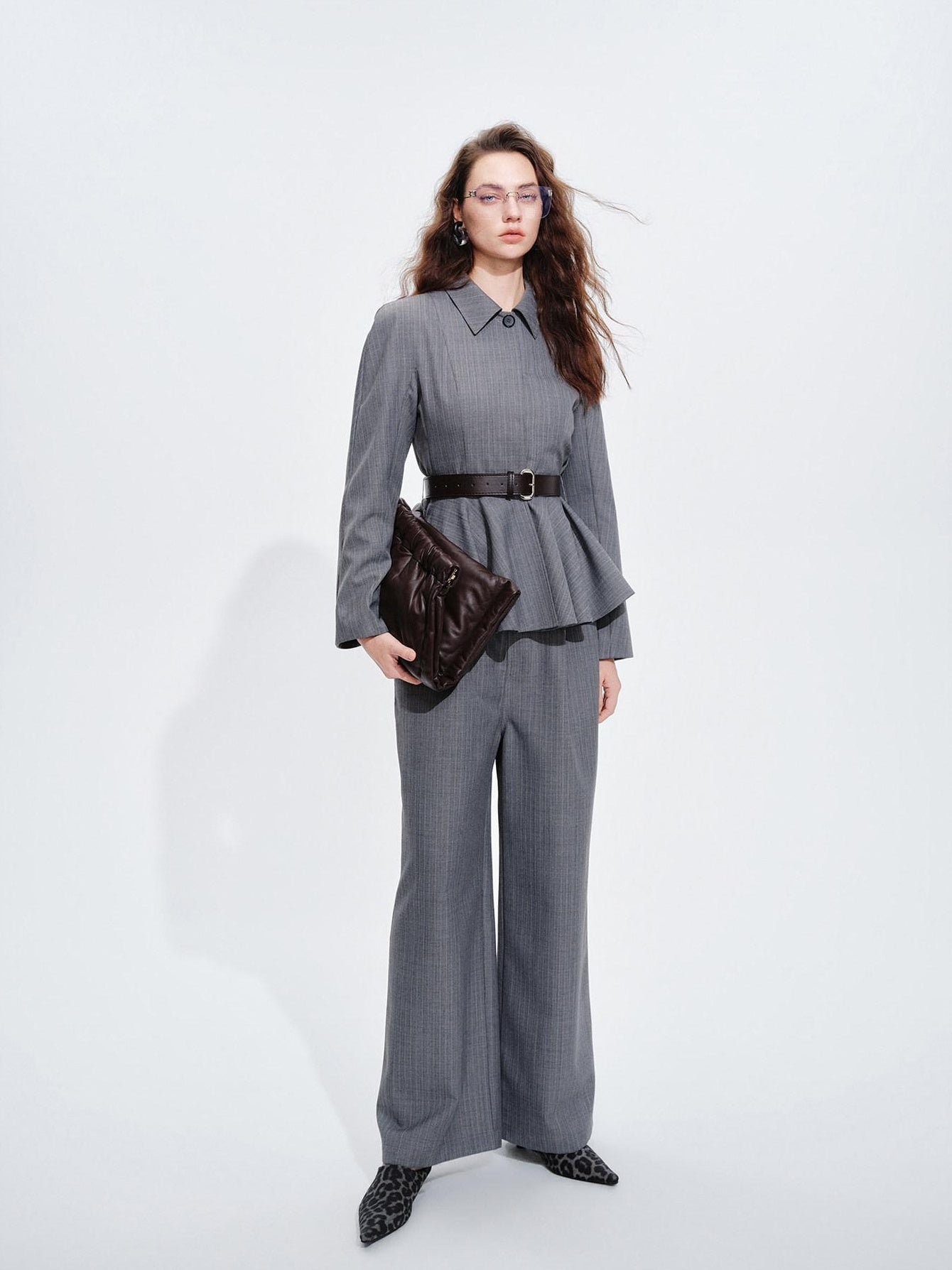audreyyang Shape Retaining Cinched Waist Herringbone Lapel Women Wool Blend Cropped Jackets