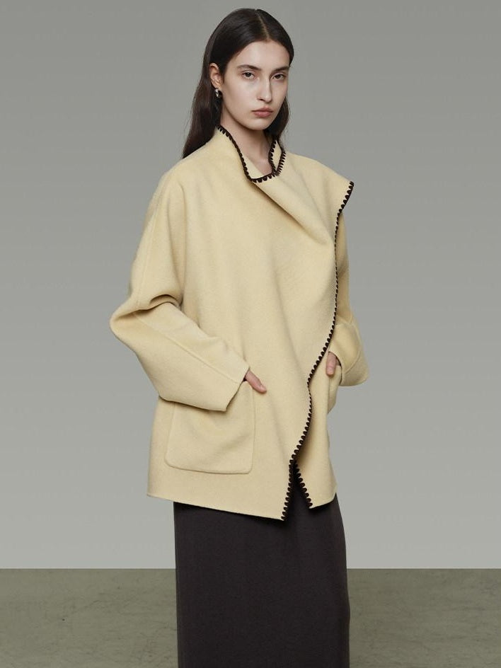 unspoken 100 Percent Wool Lightweight Minimal Commuter Loose Women Pale Yellow Wool Coats