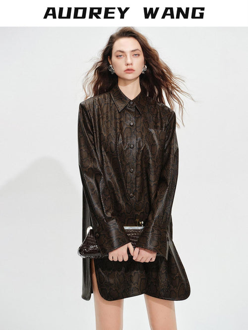 audreyyang Detachable Vintage Snake Print Pu Midlength Relaxed Womens Lapel Leather Jackets