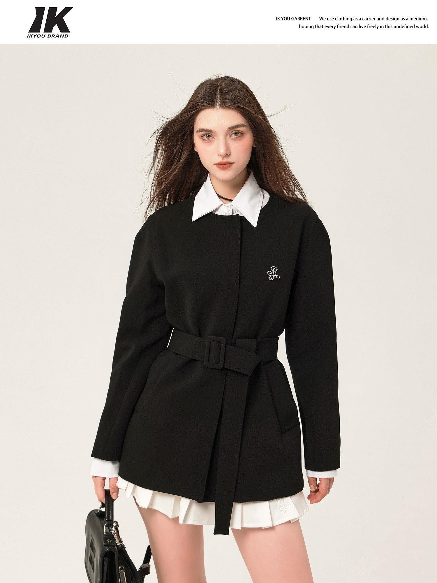 ikyou Versatile Belted Relaxed Fit Office Casual Women Polyester Black Blazers