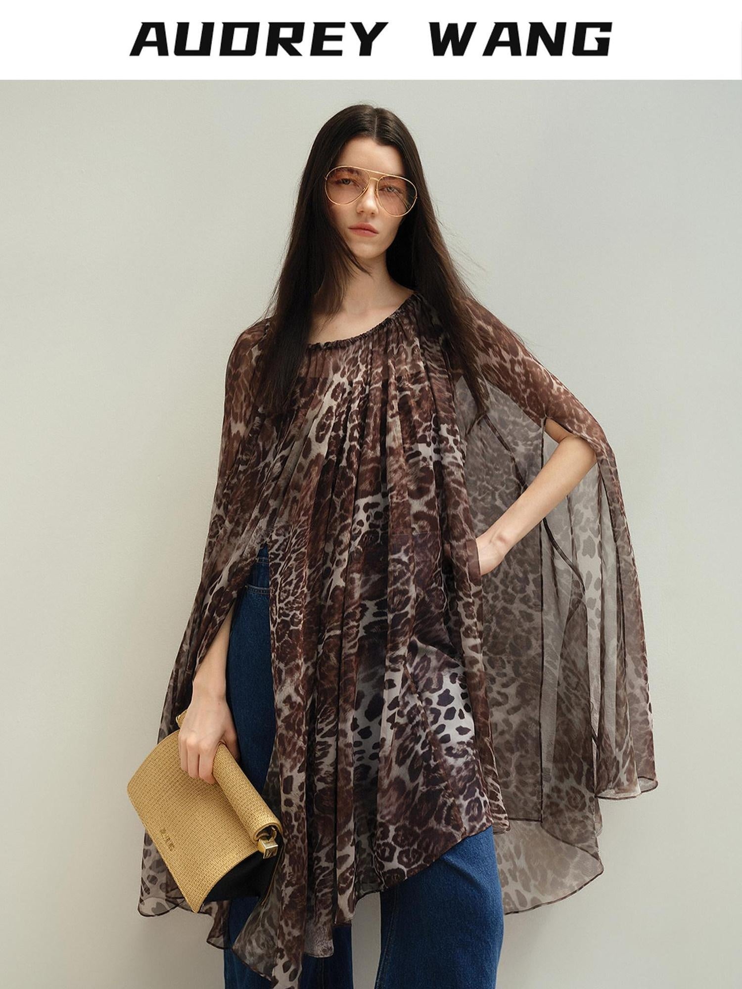 audreyyang Soft Leopard Mesh Off Shoulder A Line Loose Waist Casual Women Midi Dresses