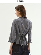 fano Warm Cotton V-neck Tie Slim Minimal 3 4 Sleeve Blue White Check Work Blouses