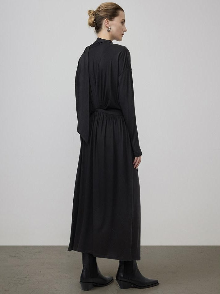 unspoken Minimal Office Pleated Round Neck Elastic Waist Long Sleeve Black Maxi Dresses