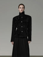 unspoken Slimming French Slim Fit Waist Cinch Stand Collar Black Nylon Women Short Coat