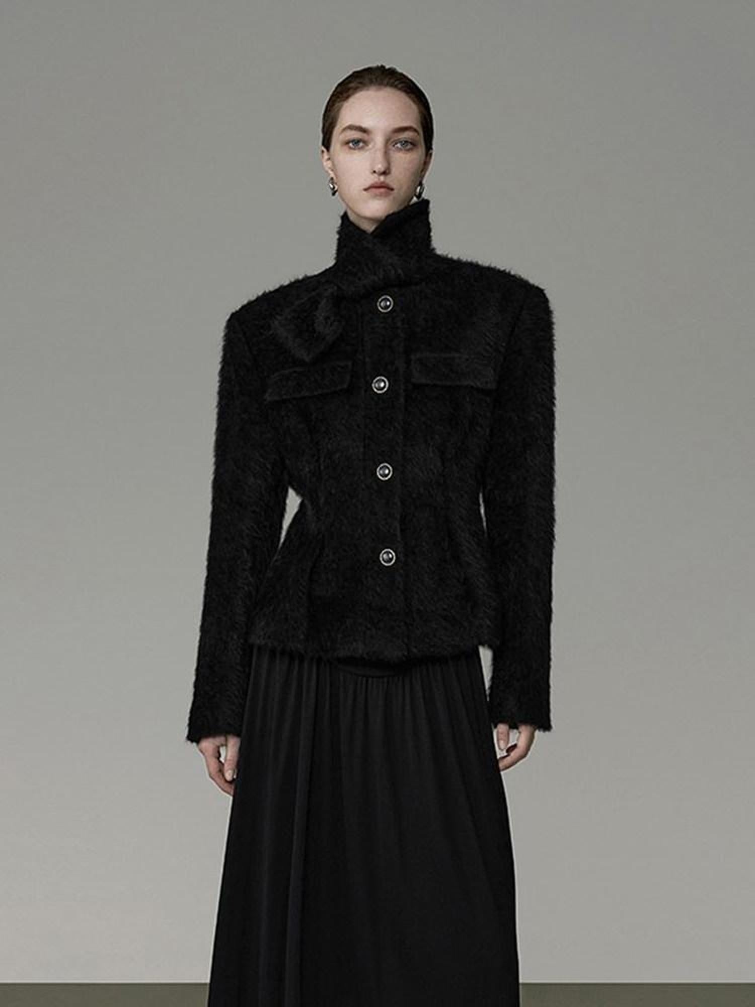 unspoken Slimming French Slim Fit Waist Cinch Stand Collar Black Nylon Women Short Coat