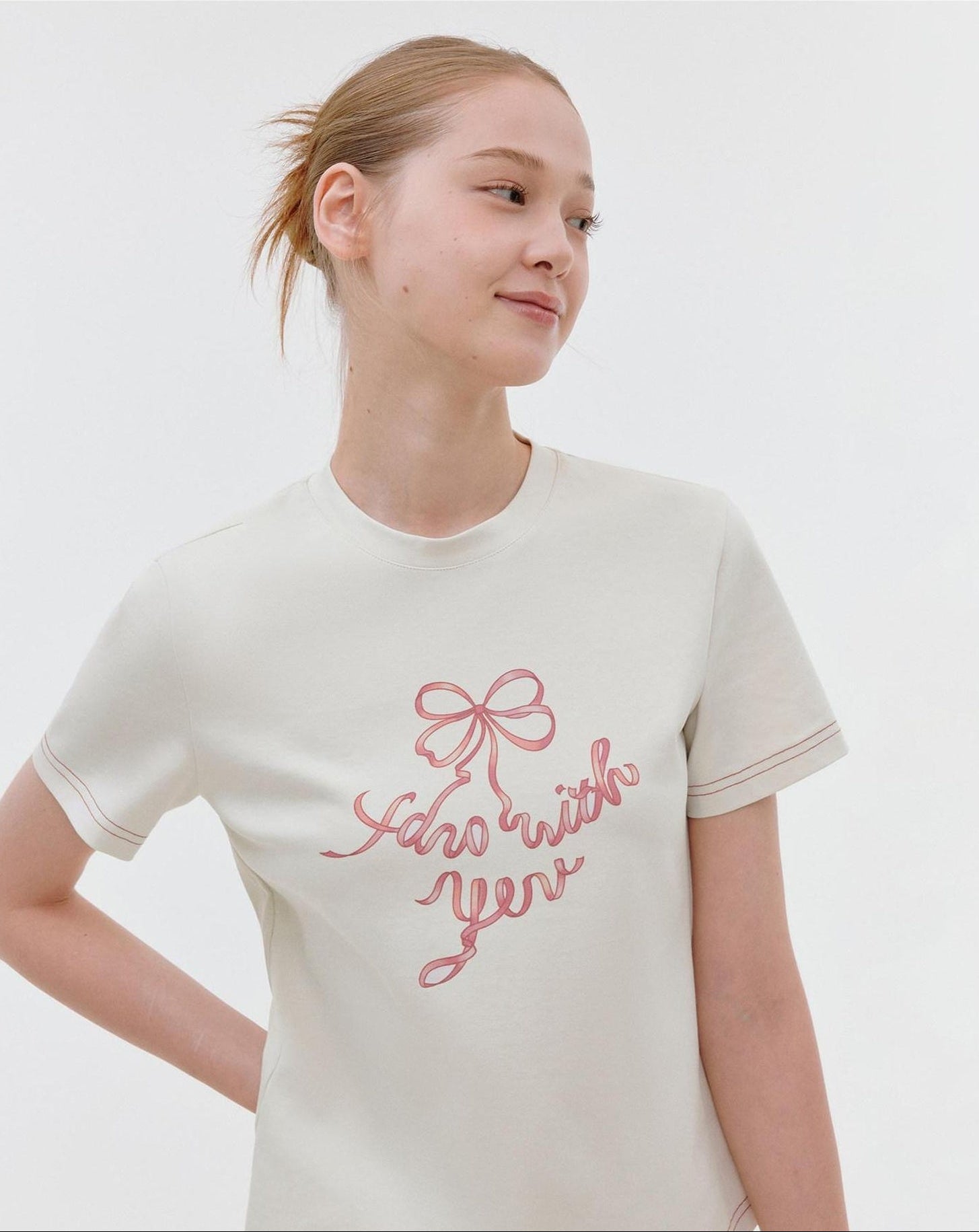 fano Butterfly Bow Print Cotton Blend Slim Korean Crew Neck Beige Basic Crop Tops
