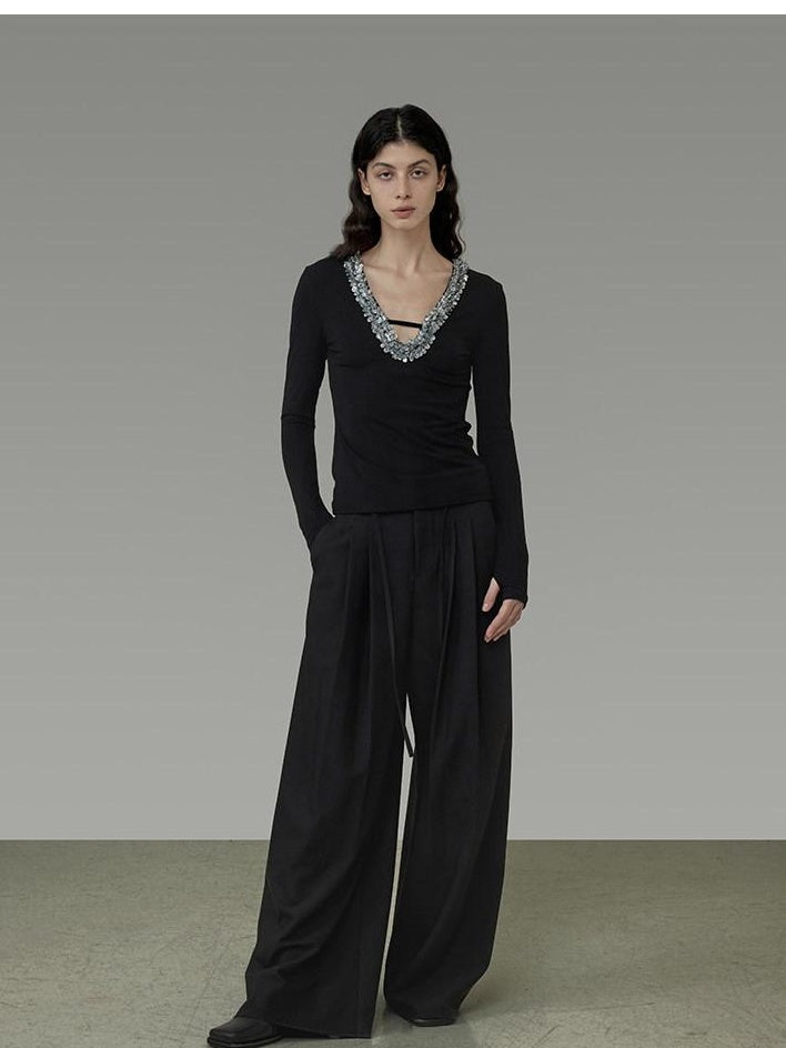 unspoken High Waist Sleek Black Workwear Tailored Fit For Ladies Polyester Wide Leg Pants