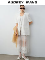 audreyyang Breathable Linen Short Sleeve Minimalist Back Vent Casual Womens Blazers