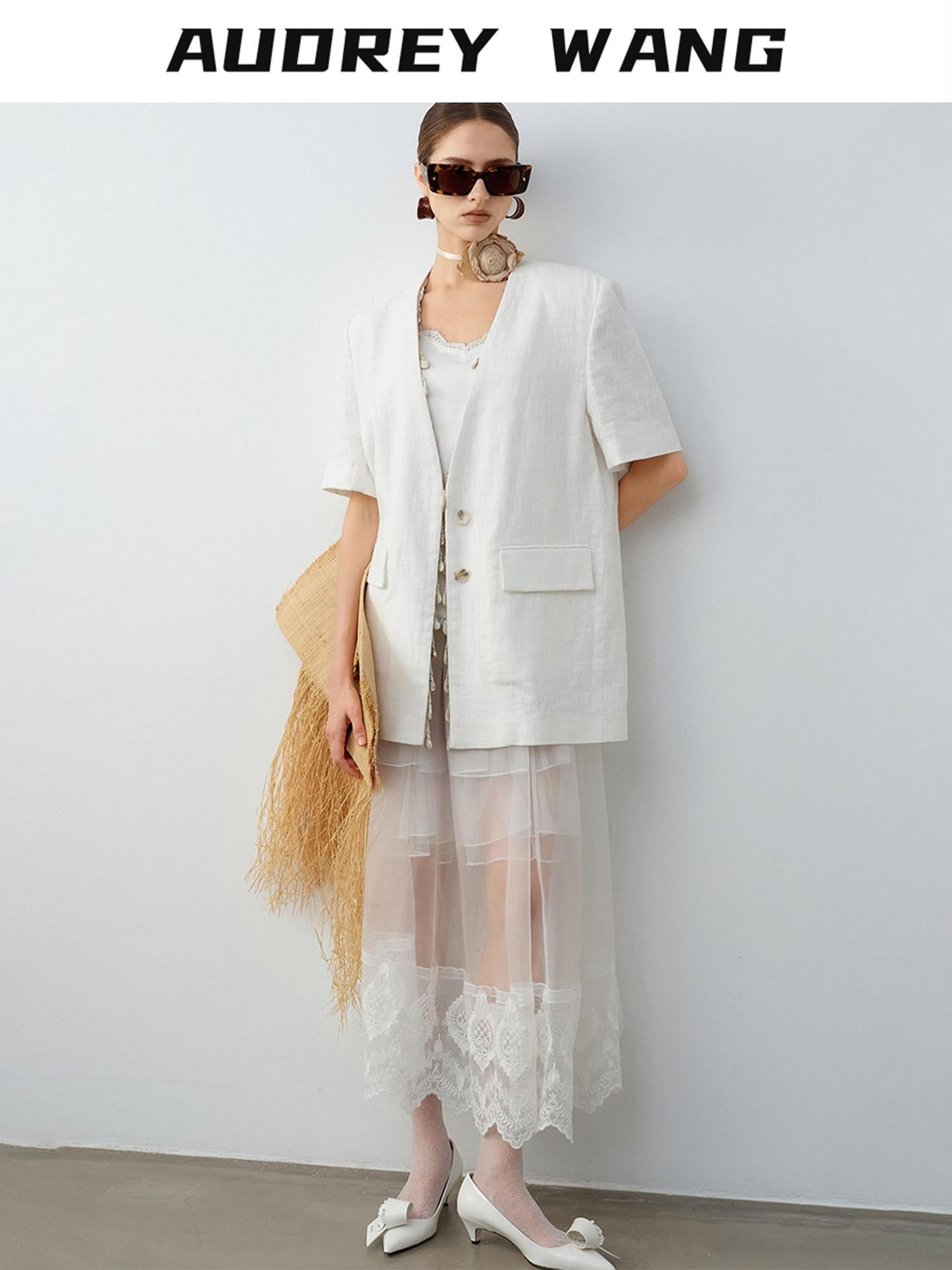 audreyyang Breathable Linen Short Sleeve Minimalist Back Vent Casual Womens Blazers
