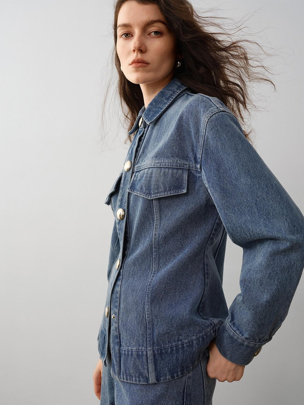 audreyyang 100% Cotton Vintage Loose Fit Button Long Sleeve Denim Women Top & Pants Sets