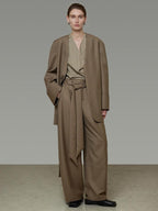 unspoken Minimal Slim Tailored Blazer High Waist Long Pants Women Brown Top & Pants Sets