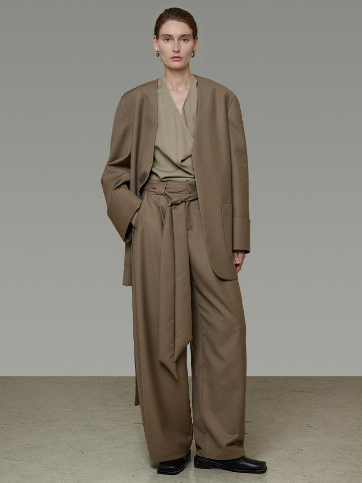 unspoken Minimal Slim Tailored Blazer High Waist Long Pants Women Brown Top & Pants Sets