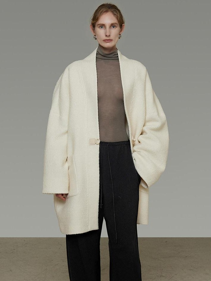 unspoken Minimal 3D Tailored Oversized Single Button Workwear White Mid Length Long Coats