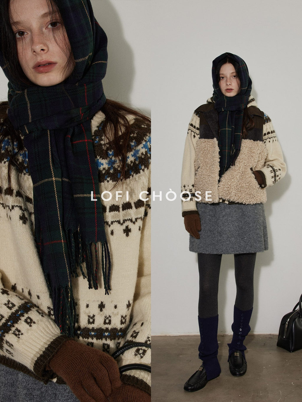 Lofi choose Thick Colorblock Lapel Loose Fit Womens Button Geometric Knit Cardigans