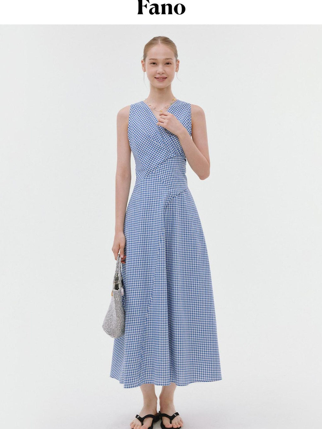 fano Pure Cotton Sleeveless V-neck A Line Office Casual Women Blue Midi Dresses