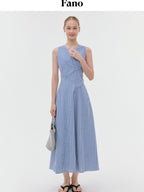 fano Pure Cotton Sleeveless V-neck A Line Office Casual Women Blue Midi Dresses