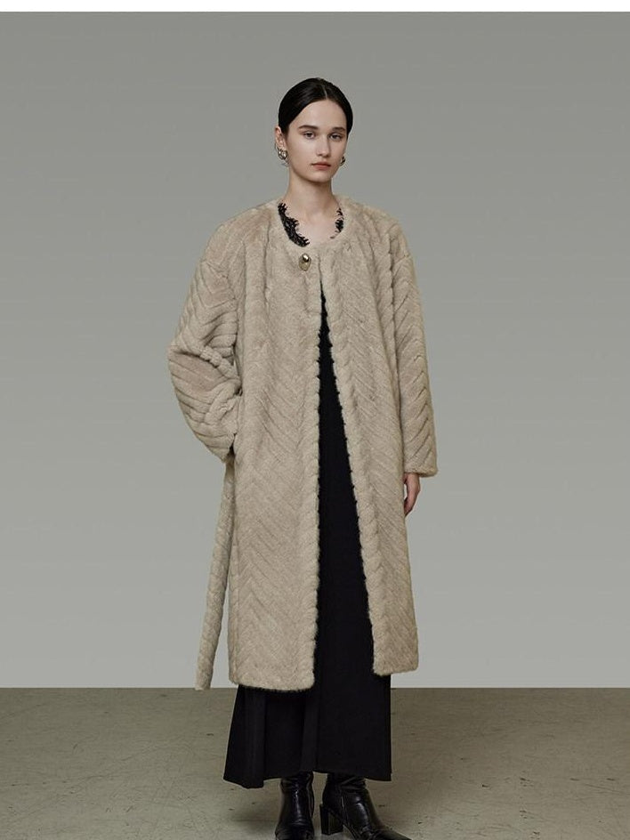 unspoken Warm Thick Beige Loose Fit Collarless Mid Length Commuter Women Long Coats