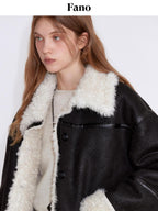 fano Contrast Color Trim Casual Loose Fit Lapel Collar Women Daily Black Short Coat
