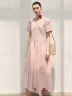 audreyyang Refined Solid V-neck Natural Waist Short Sleeve Casual Polyester Maxi Dresses