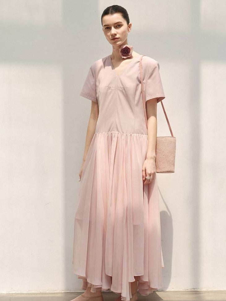 audreyyang Refined Solid V-neck Natural Waist Short Sleeve Casual Polyester Maxi Dresses