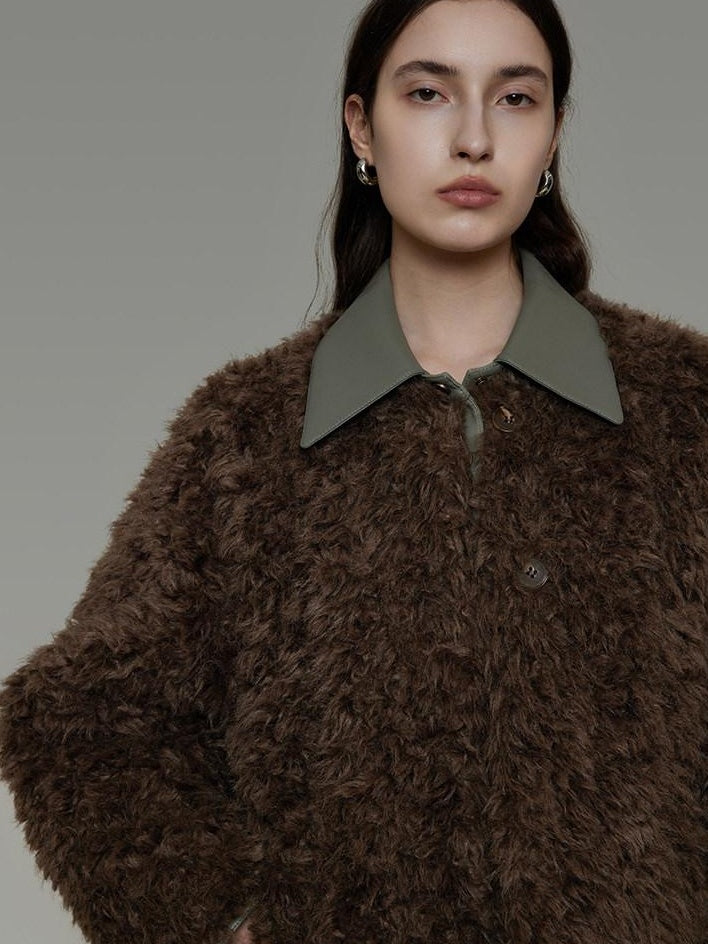 unspoken Warm Patchwork Lapel Loose Fit Minimalist Women Chestnut Short Coat