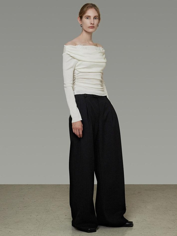 unspoken Soft Breathable Knit One Shoulder Slim Fit Office White Long Sleeve Blouses
