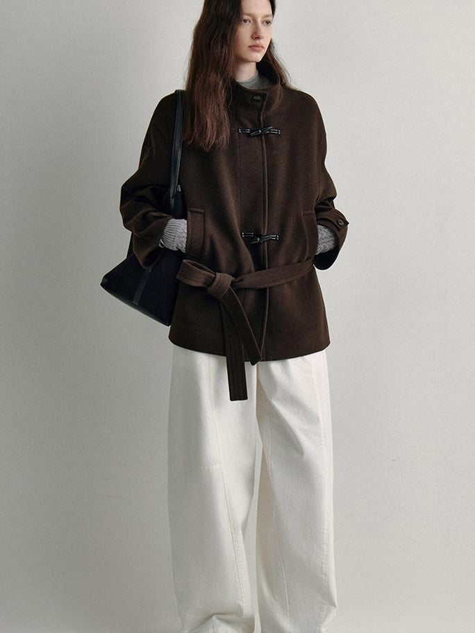 fano Minimal Commuter Straight Midlength Stand Collar Pocket Toggle Women Short Coat