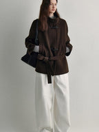 fano Minimal Commuter Straight Midlength Stand Collar Pocket Toggle Women Short Coat