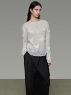 unspoken Breathable Knit Minimalist Relaxed Fit Butterfly Round Neck White Blouses
