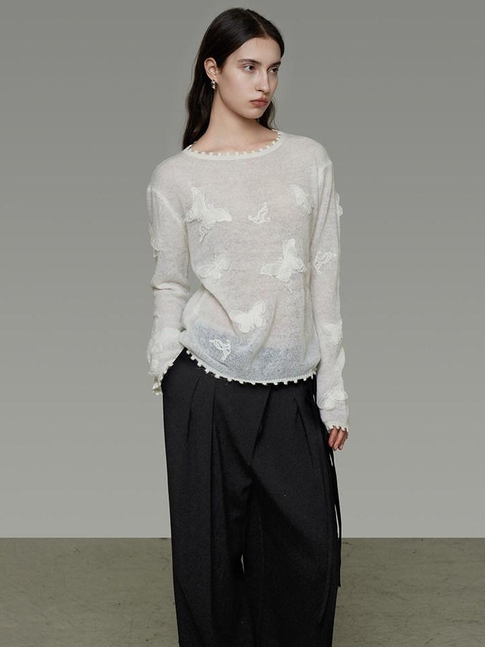unspoken Breathable Knit Minimalist Relaxed Fit Butterfly Round Neck White Blouses
