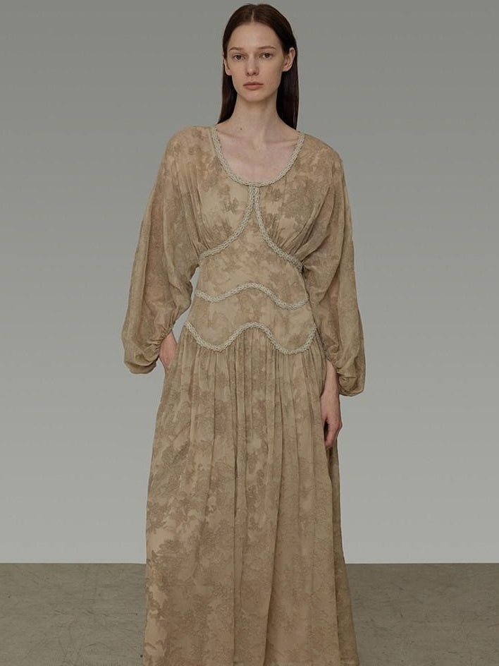 unspoken Casual Jacquard A Line Natural Waist Long Sleeve U Neck Khaki Women Maxi Dresses