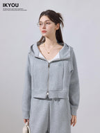 ikyou Embroidered Hooded Cropped Zipper Casual Women Cotton Blend Top & Pants Sets