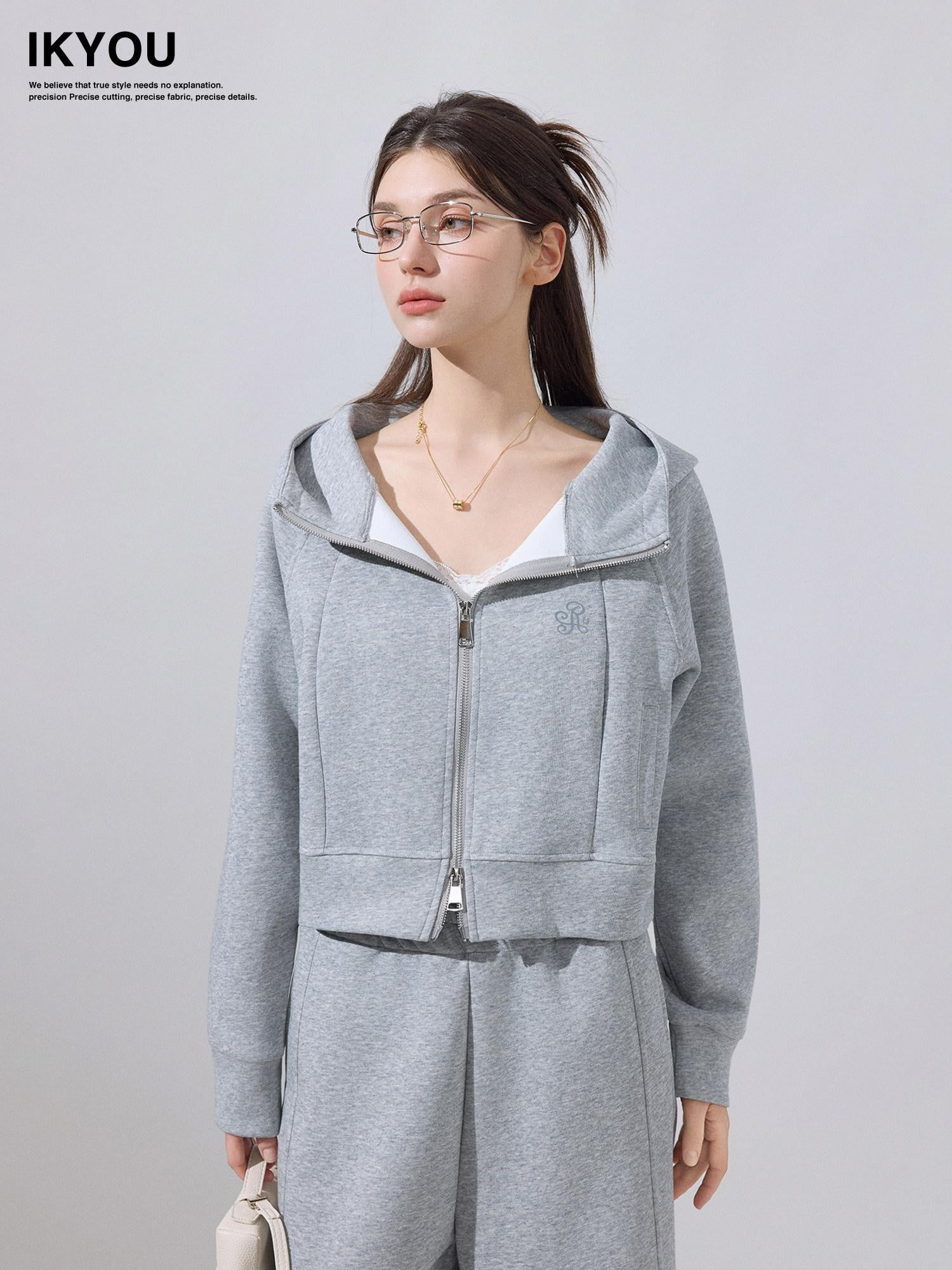 ikyou Embroidered Hooded Cropped Zipper Casual Women Cotton Blend Top & Pants Sets