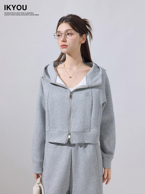 ikyou Embroidered Hooded Cropped Zipper Casual Women Cotton Blend Top & Pants Sets