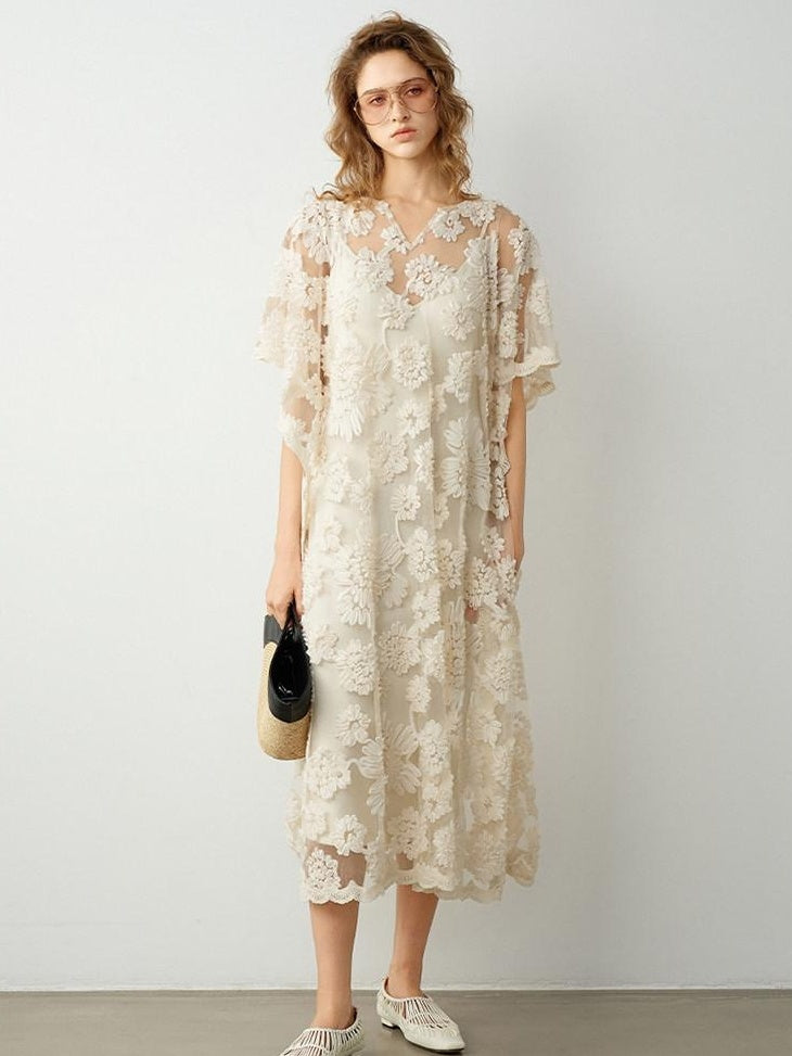 audreyyang Comfortable Polyester Insta Loose Fit V-neck Short Sleeve A Line Maxi Dresses